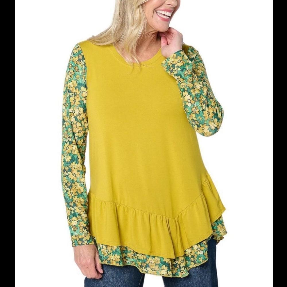 LOGO by Lori Goldstein Mustard Yellow Tunic Top with Floral Sleeves L